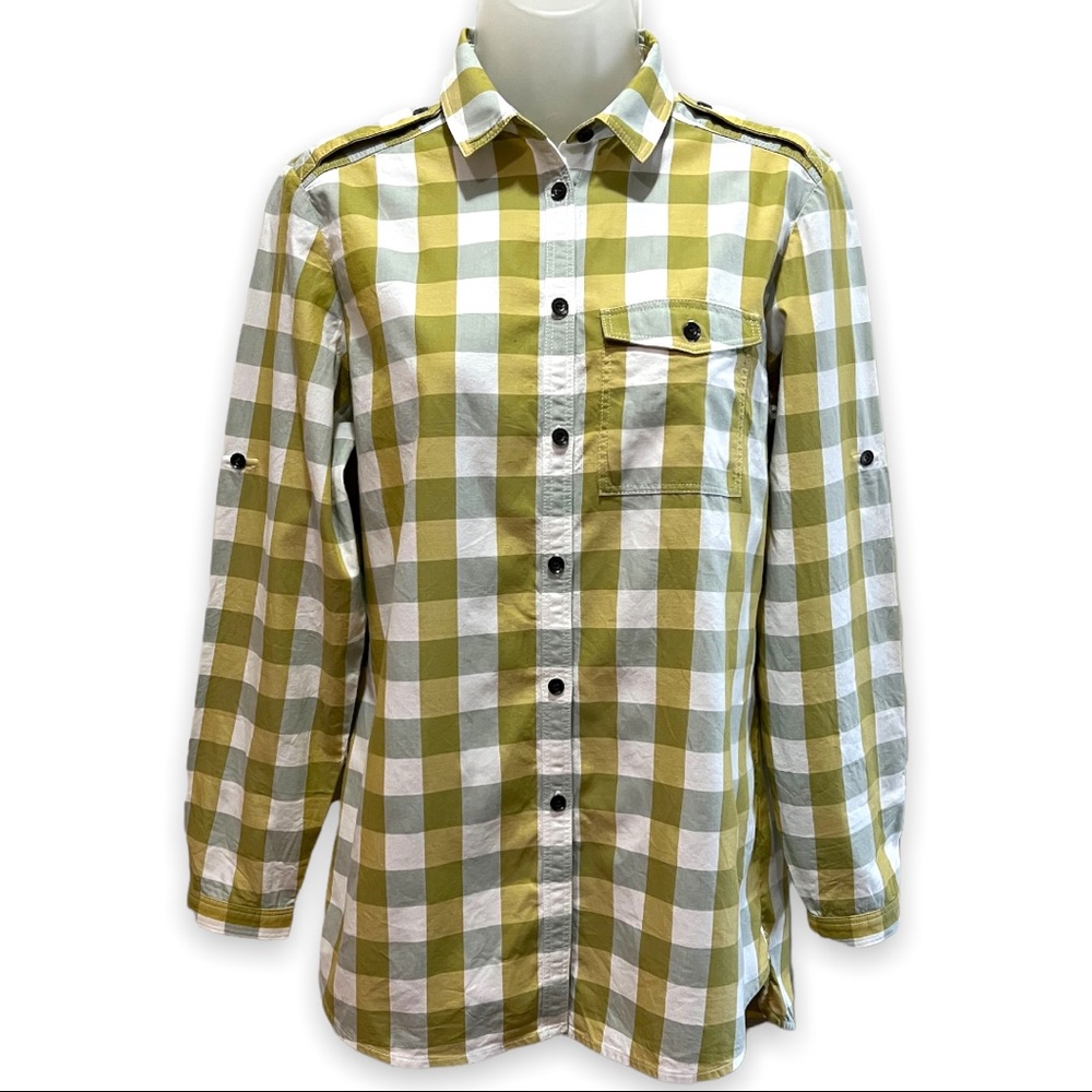 BURBERRY BRIT Button Down Shirt Fred Check Yellow Sage Ivory Roll Sleeve XS